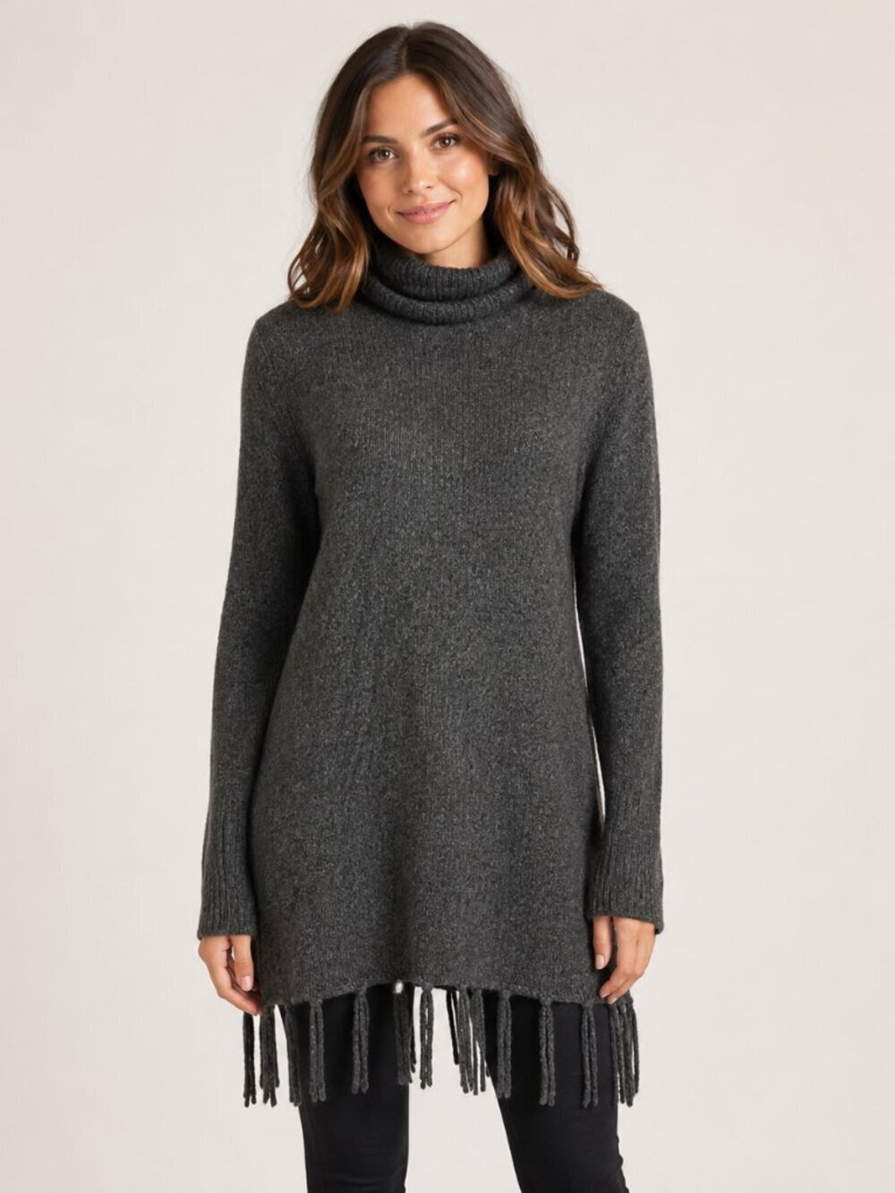 Neiman Marcus 100% Cashmere Fringe Hem Turtleneck Sweater | Gray | Women’s Small
